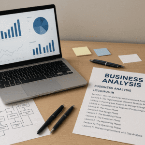 Professional workspace setup showing charts and planning tools for business analysis learning.