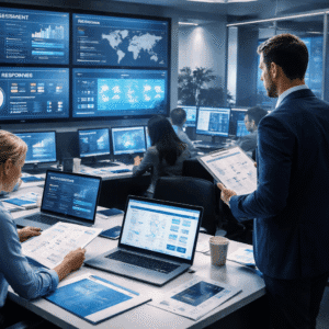 Business Continuity Manager training showing professionals managing crisis plans and digital risk dashboards