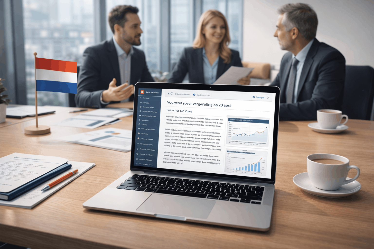 Professional workplace scene illustrating business Dutch language use in meetings, emails, and client communication.