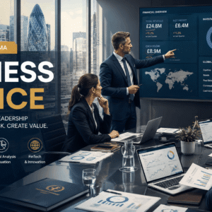 Professional business finance diploma training with executives analysing financial reports and investment data