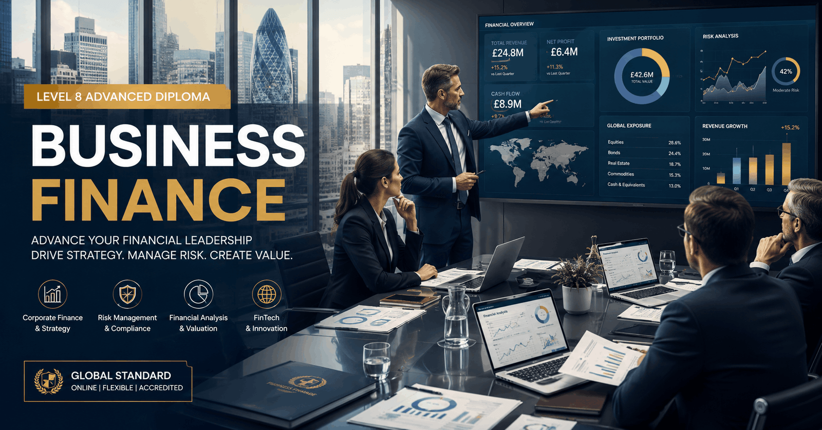 Professional business finance diploma training with executives analysing financial reports and investment data