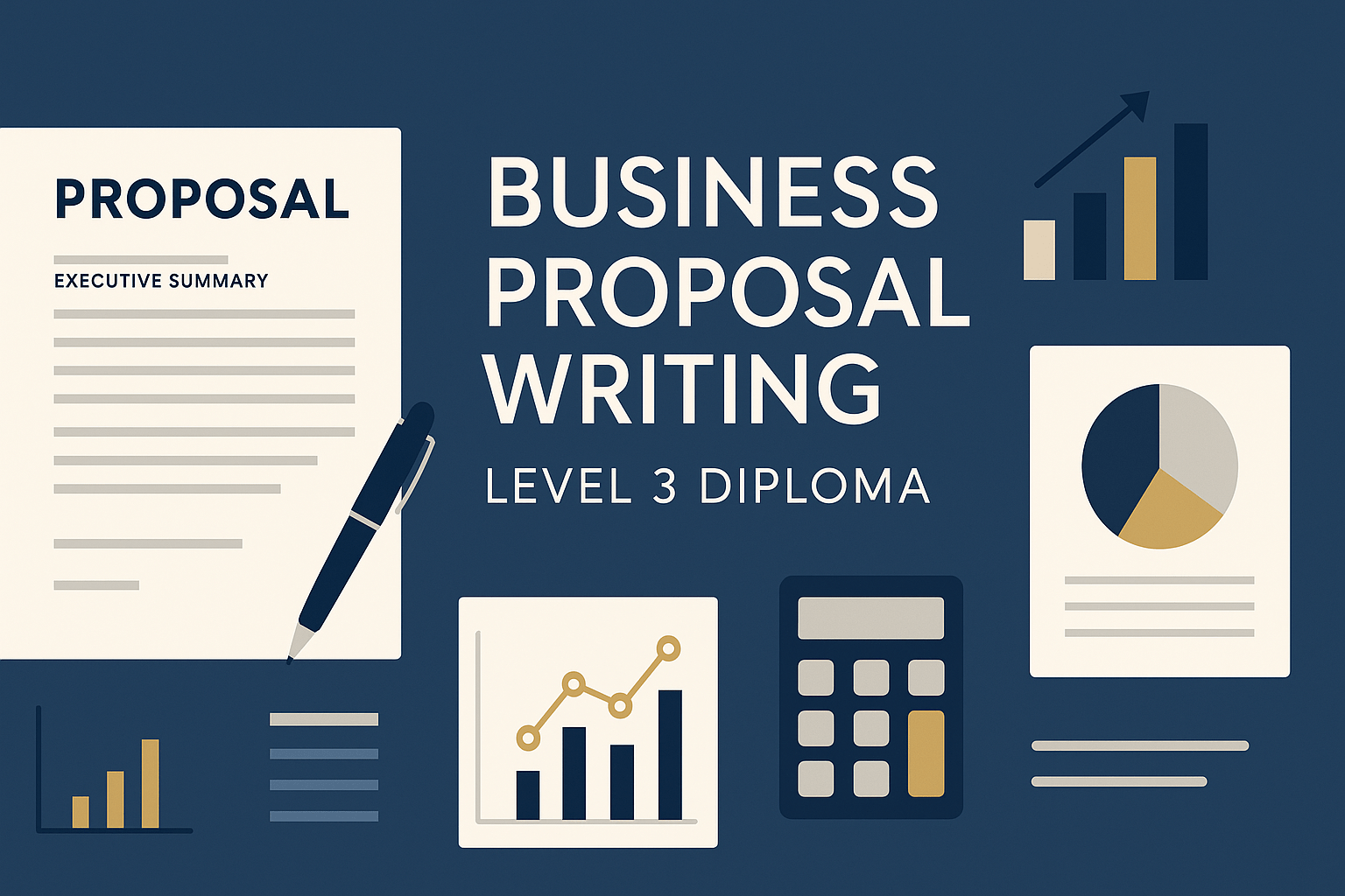 Business Proposal Writing Level 3 Diploma banner featuring proposal documents, charts, and professional writing visuals.