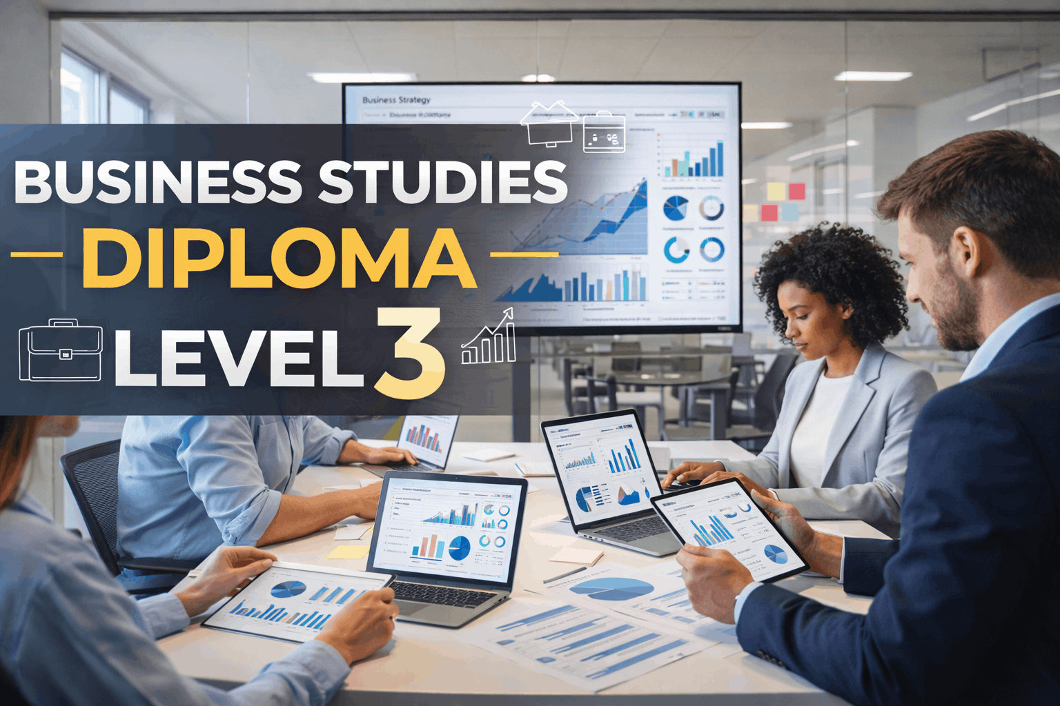 Students analysing charts and reports in a modern office for a business studies diploma Level 3 course