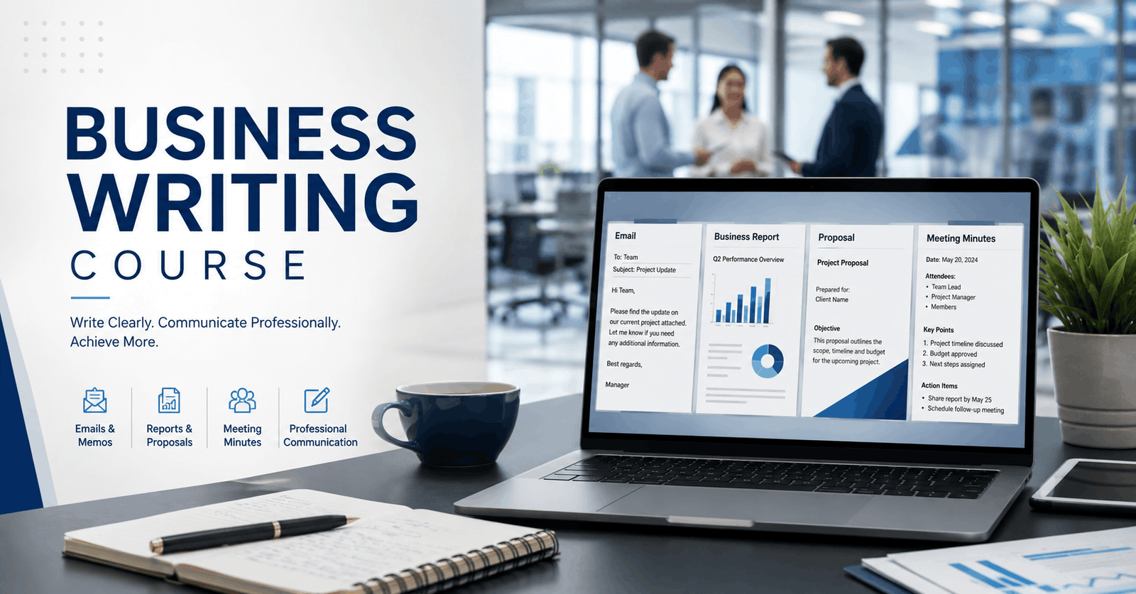 Professional writing workspace showcasing Business Writing Course with laptop, documents, emails and business reports.