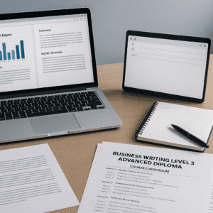 Professional desk with laptop, notes, pen and documents showing business writing concepts for a Business Writing course.