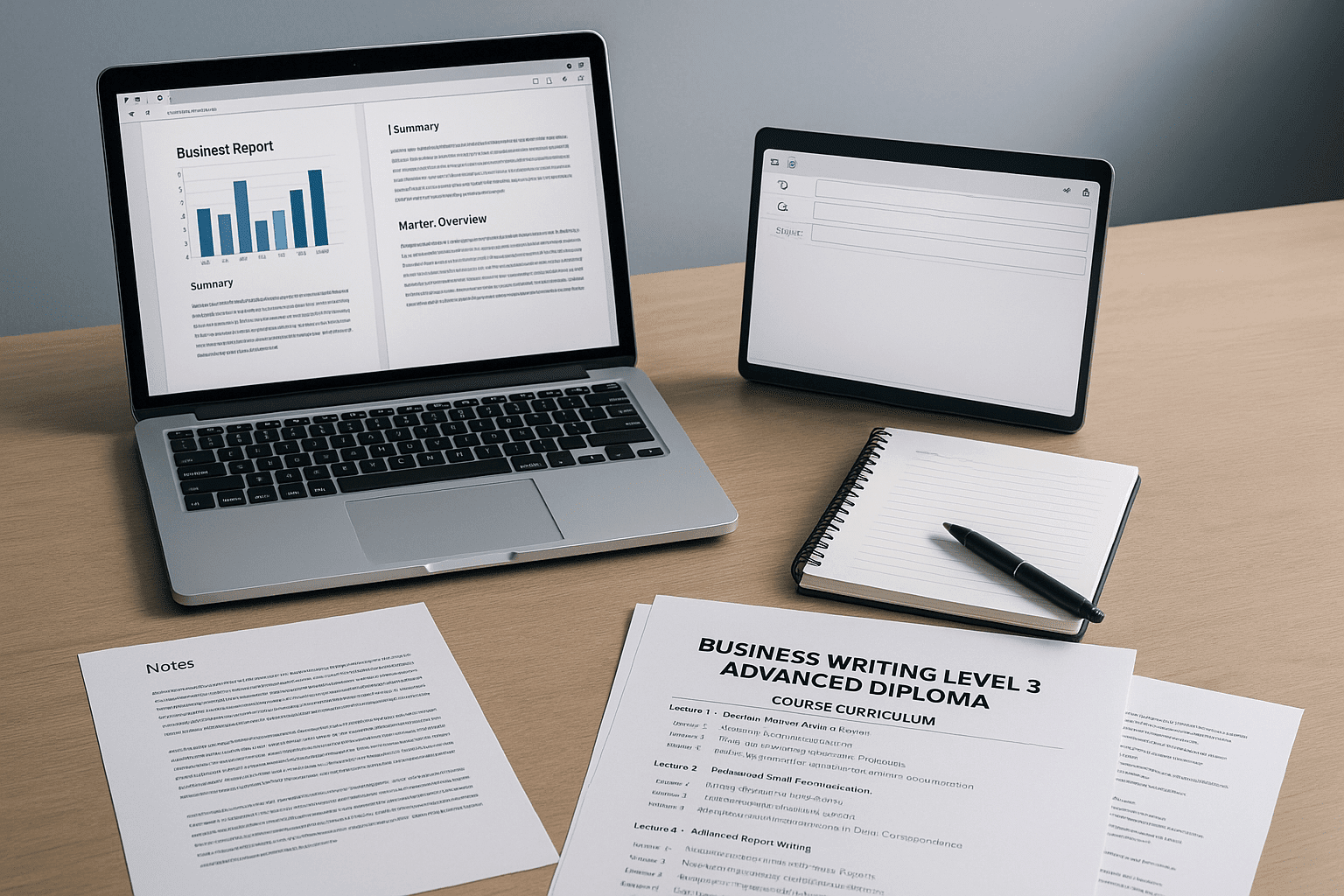 Professional desk with laptop, notes, pen and documents showing business writing concepts for a Business Writing course.