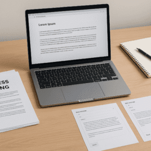 Professional desk scene showing business writing skills tools, laptop, notes and documents in a clean UK-style workspace.