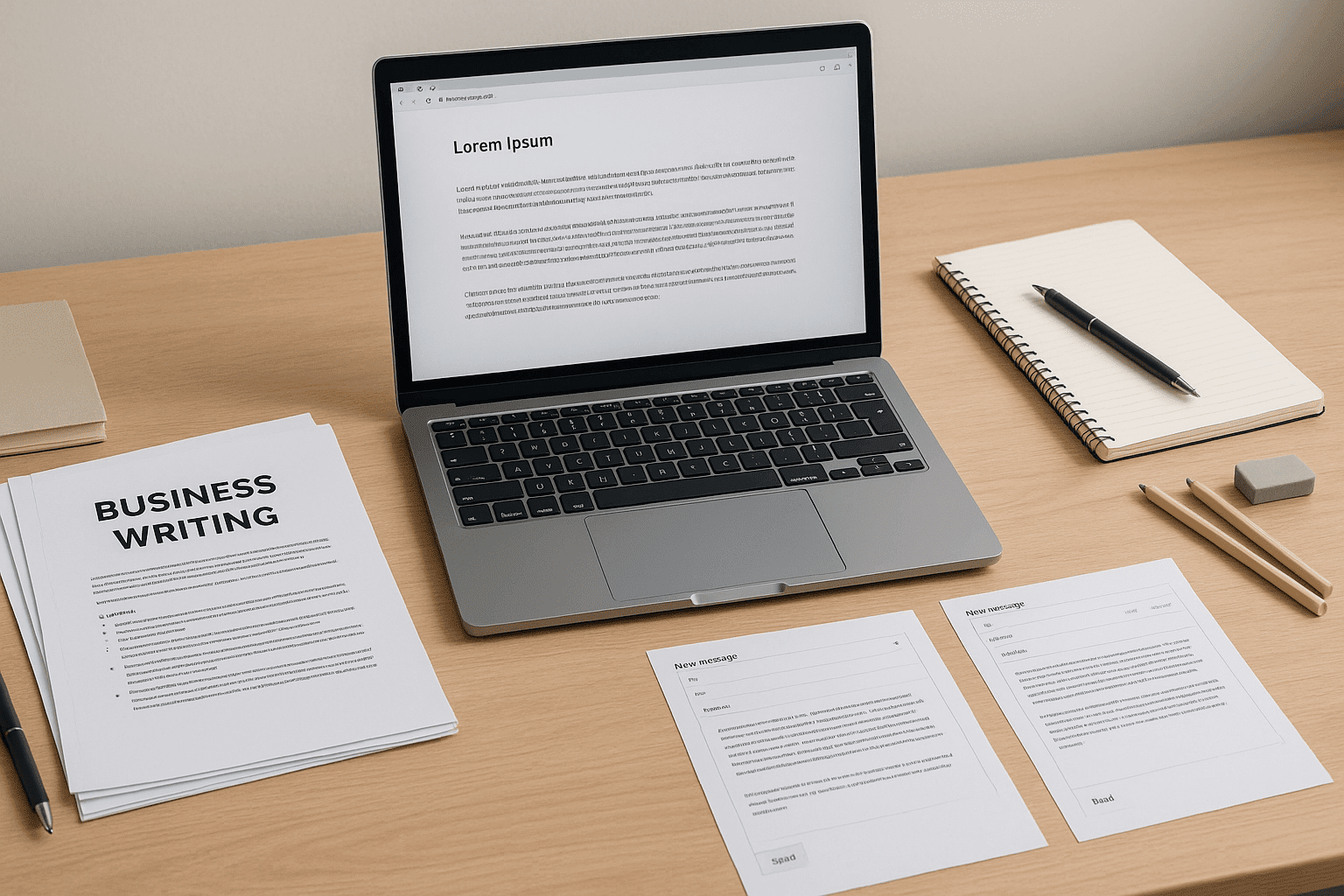 Professional desk scene showing business writing skills tools, laptop, notes and documents in a clean UK-style workspace.