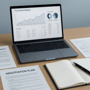 Professional buying and procurement workspace with laptop, contracts, analytics charts, and supplier documents for a Buying and Procurement course.