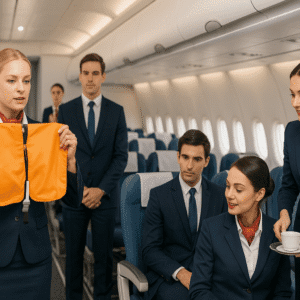 Professional cabin crew training image showing flight attendants demonstrating safety and service skills onboard.