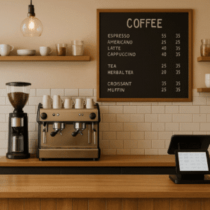 Café management course banner showing a modern café counter, POS system, menu board, and coffee equipment.