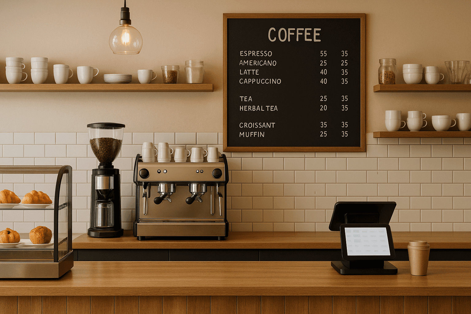 Café management course banner showing a modern café counter, POS system, menu board, and coffee equipment.