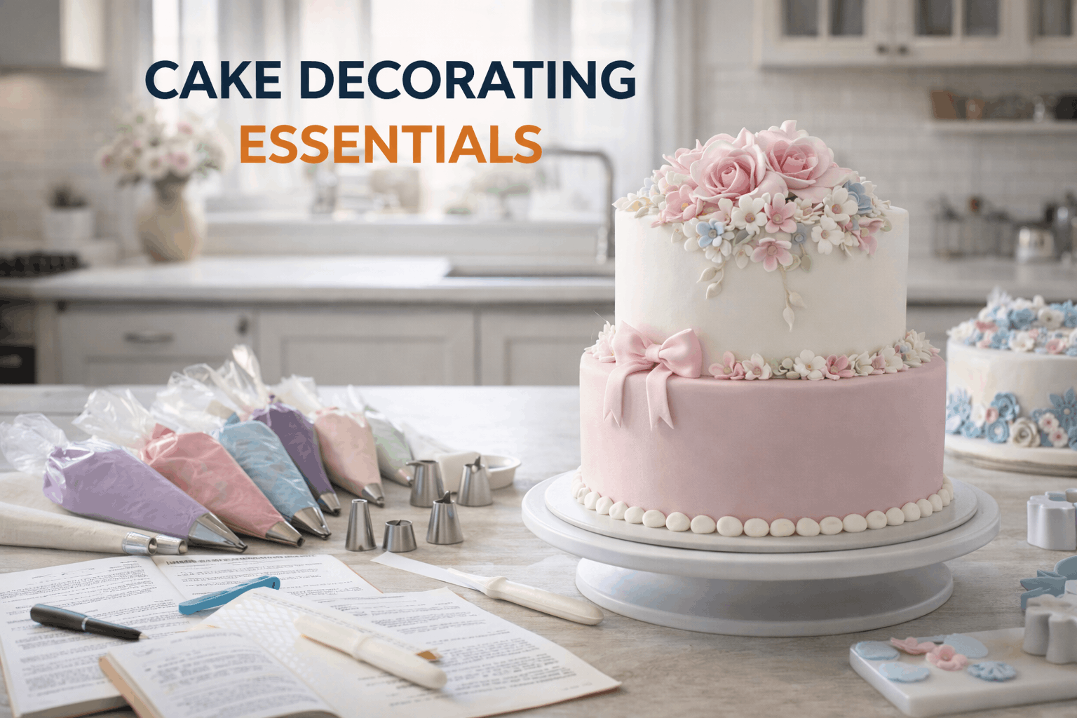 Cake decorating essentials showing buttercream piping, fondant work, and decorative cakes in a professional kitchen setting