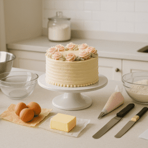 Professional cake making course image showing baking tools, ingredients and a decorated cake on a clean kitchen workspace.
