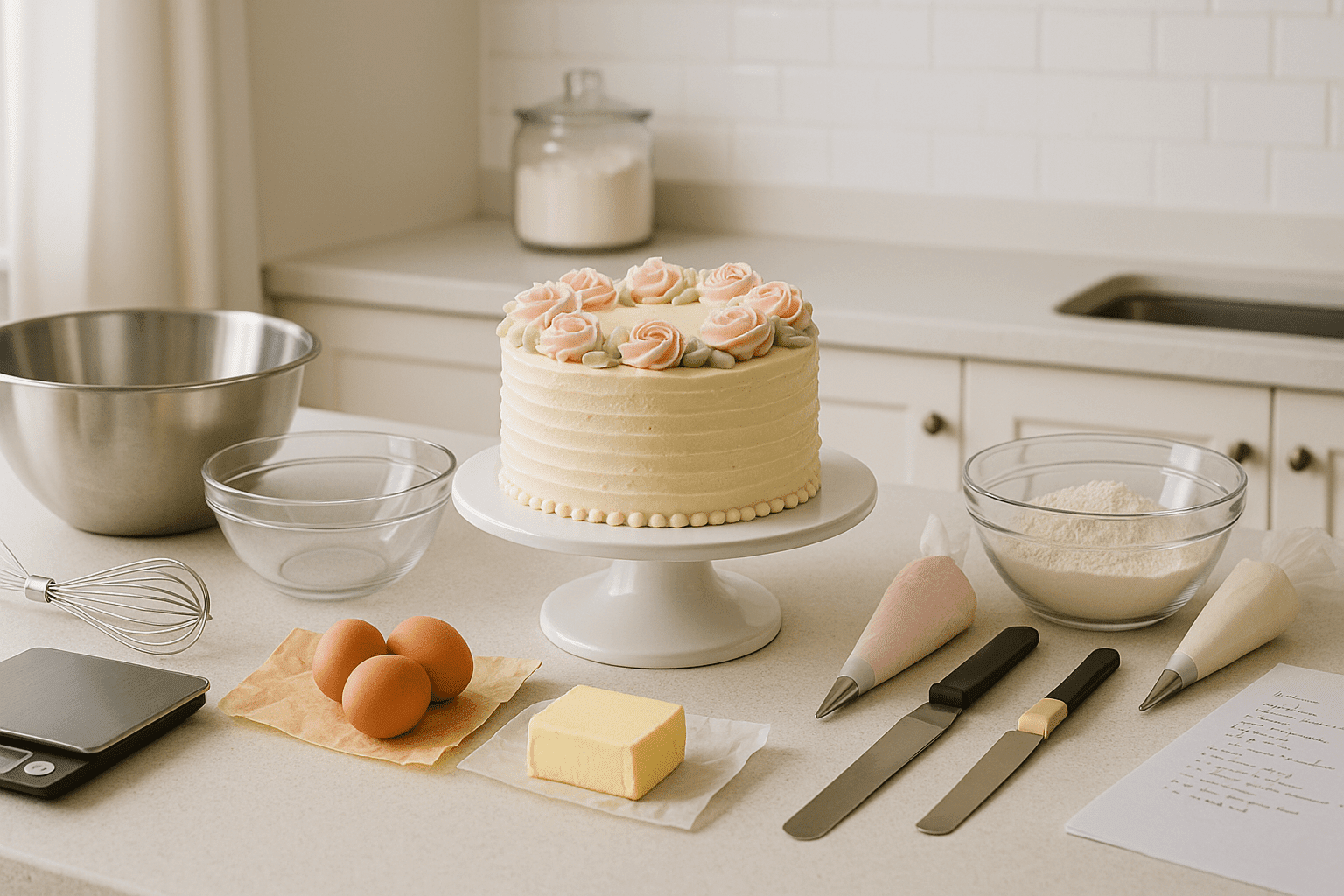 Professional cake making course image showing baking tools, ingredients and a decorated cake on a clean kitchen workspace.