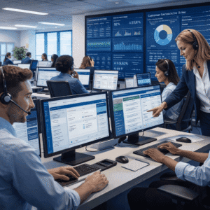 Professional call centre training showing agents handling customer calls and using CRM systems