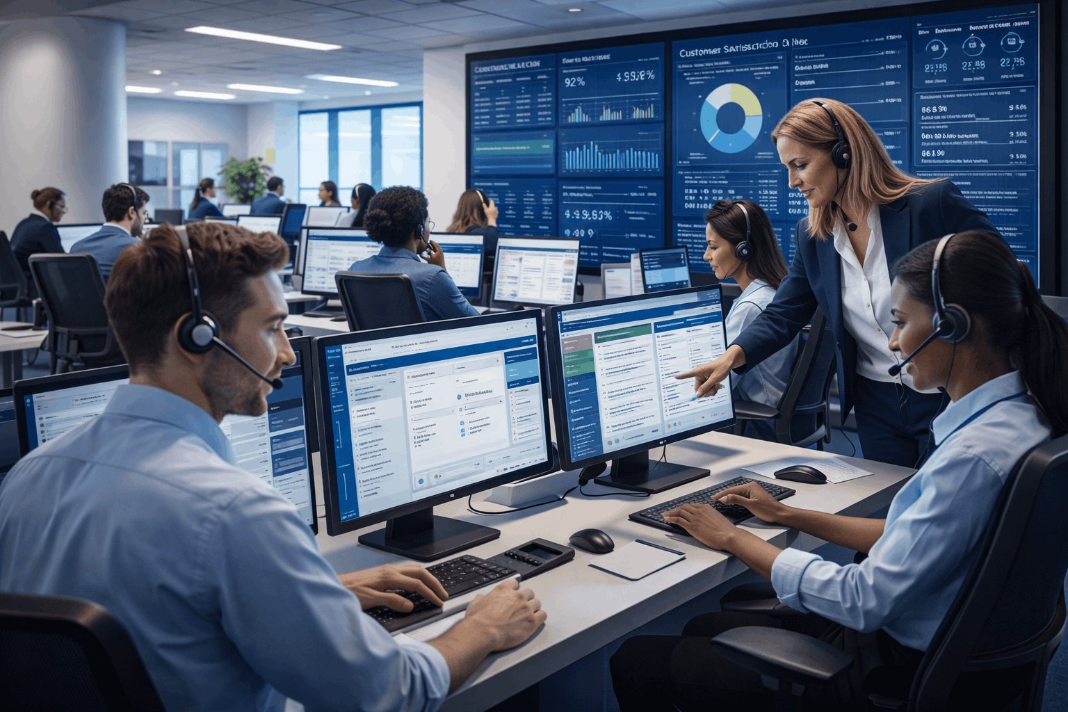 Professional call centre training showing agents handling customer calls and using CRM systems