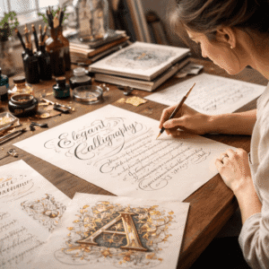 Calligraphy advanced diploma showcasing elegant hand lettering, flourishing techniques, and professional calligraphy tools