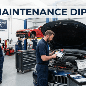 Automotive technician performing diagnostics and repairs during a Car Maintenance Diploma course