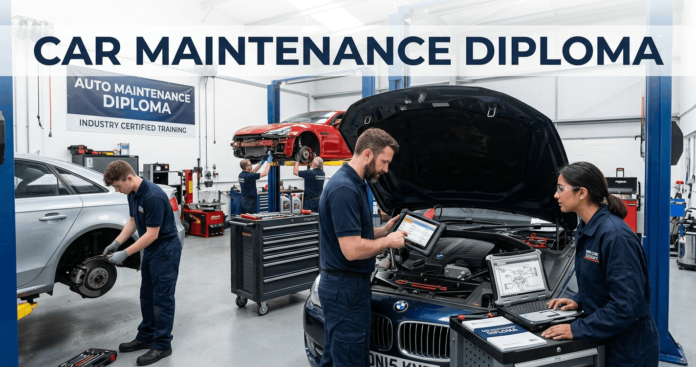 Automotive technician performing diagnostics and repairs during a Car Maintenance Diploma course