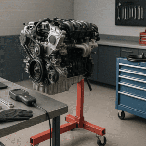 Car mechanic training scene showing tools, engine components and a modern workshop setup.