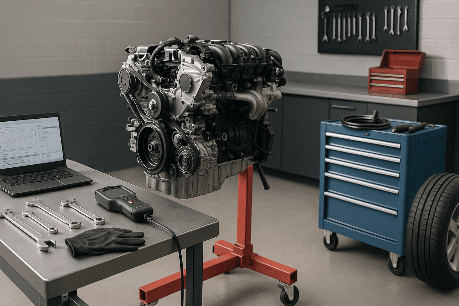 Car mechanic training scene showing tools, engine components and a modern workshop setup.