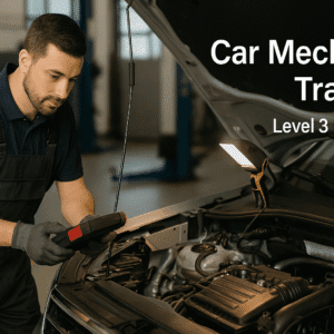 Car mechanic training scene showing technician inspecting engine components inside a modern workshop.