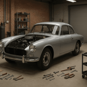 Car Restoration Level 3 course image showing a classic car in a workshop with tools, engine parts, and restoration equipment.