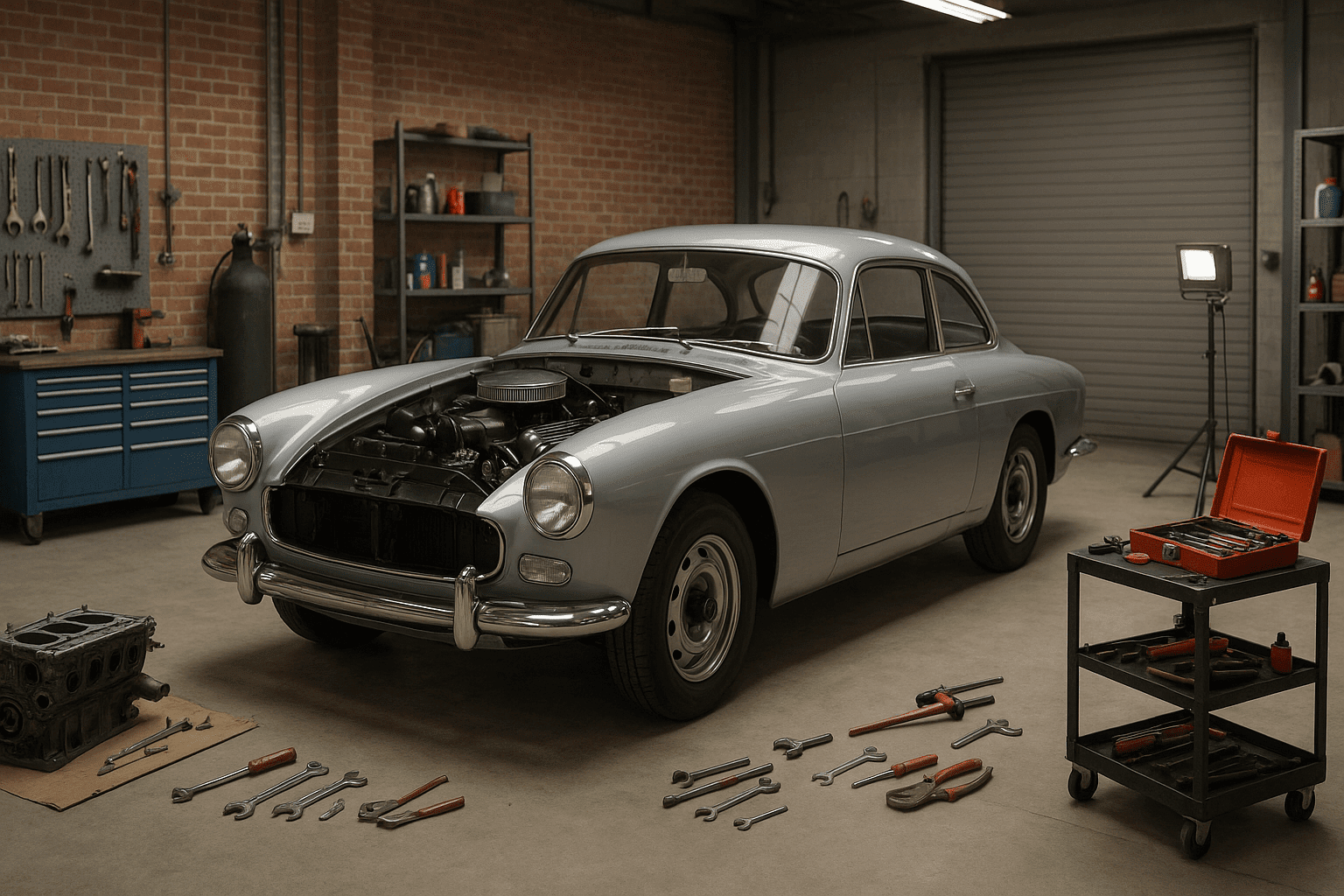 Car Restoration Level 3 course image showing a classic car in a workshop with tools, engine parts, and restoration equipment.