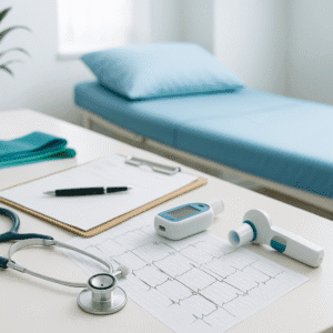 Cardiorespiratory physiotherapy scene with physiotherapist using assessment tools in a modern clinical environment.