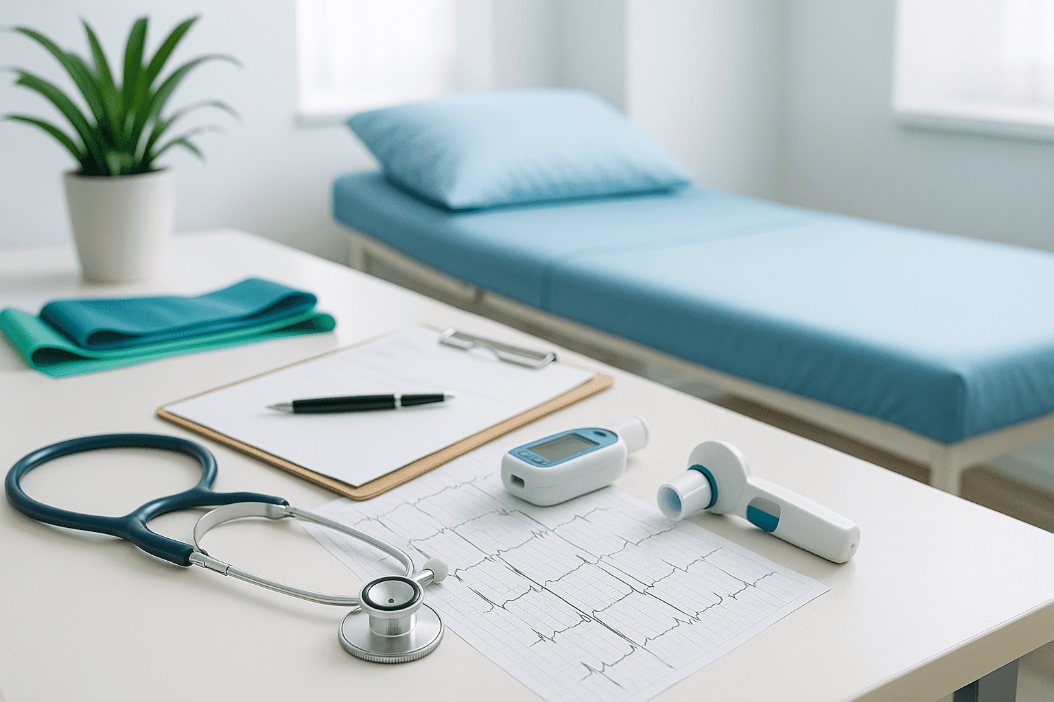 Cardiorespiratory physiotherapy scene with physiotherapist using assessment tools in a modern clinical environment.