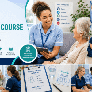 Professional caregiver studying Care Certificate Course standards in a modern healthcare training environment