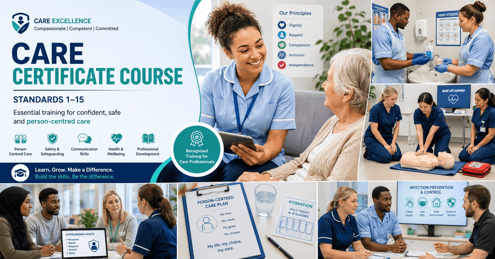 Professional caregiver studying Care Certificate Course standards in a modern healthcare training environment