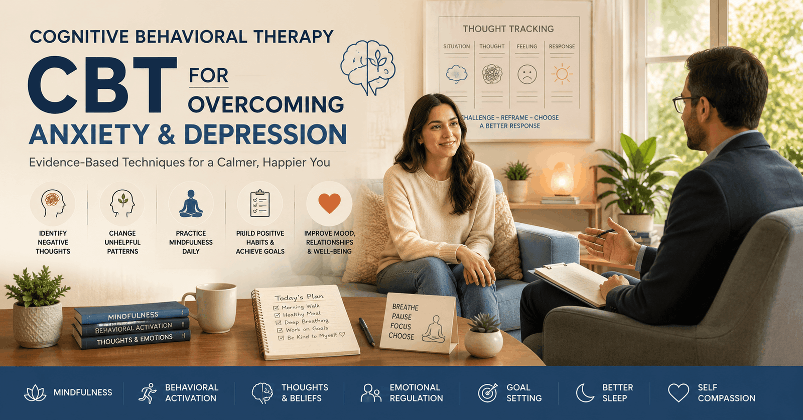 Professional CBT for Anxiety and depression course with calming therapy session and mindfulness techniques