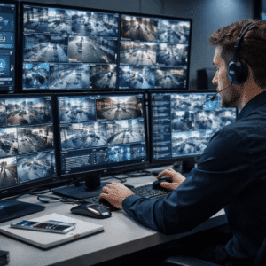 CCTV operator diploma training showing surveillance monitors, IP cameras, and incident monitoring in a control room