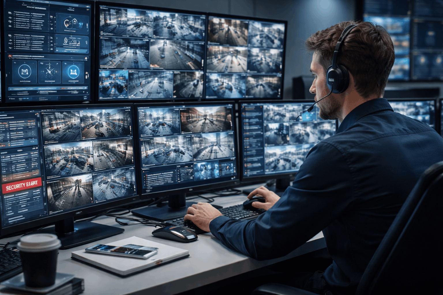 CCTV operator diploma training showing surveillance monitors, IP cameras, and incident monitoring in a control room