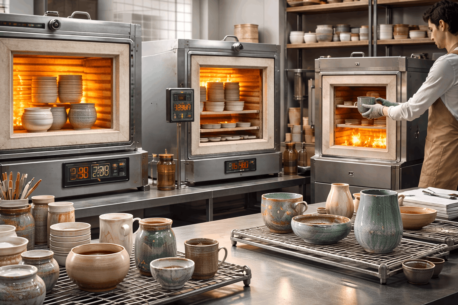 Ceramic firing and sintering process showing kilns, glazed ceramics, temperature control, and professional studio equipment