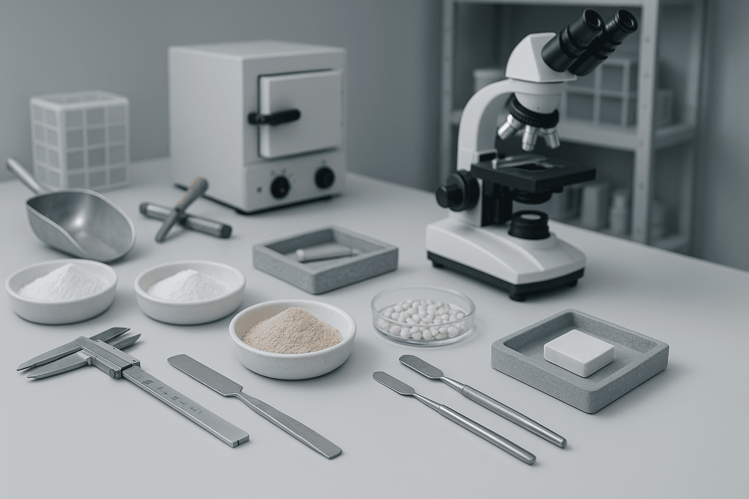 Ceramic materials science workspace showing powders, tools, and processing equipment in a modern technical setting.