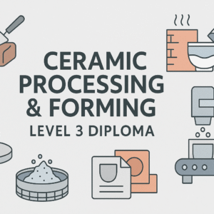 Ceramic Processing Level 3 Diploma banner featuring clay shaping, firing kilns, powder processing, and ceramic manufacturing visuals.