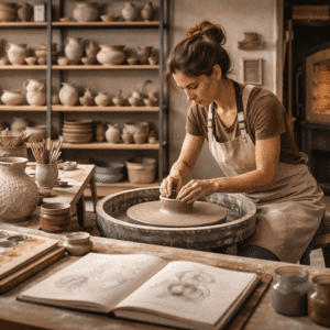 Ceramic artist working on advanced wheel-thrown and sculpted pieces in a studio for Ceramics Advanced Diploma Level 3.