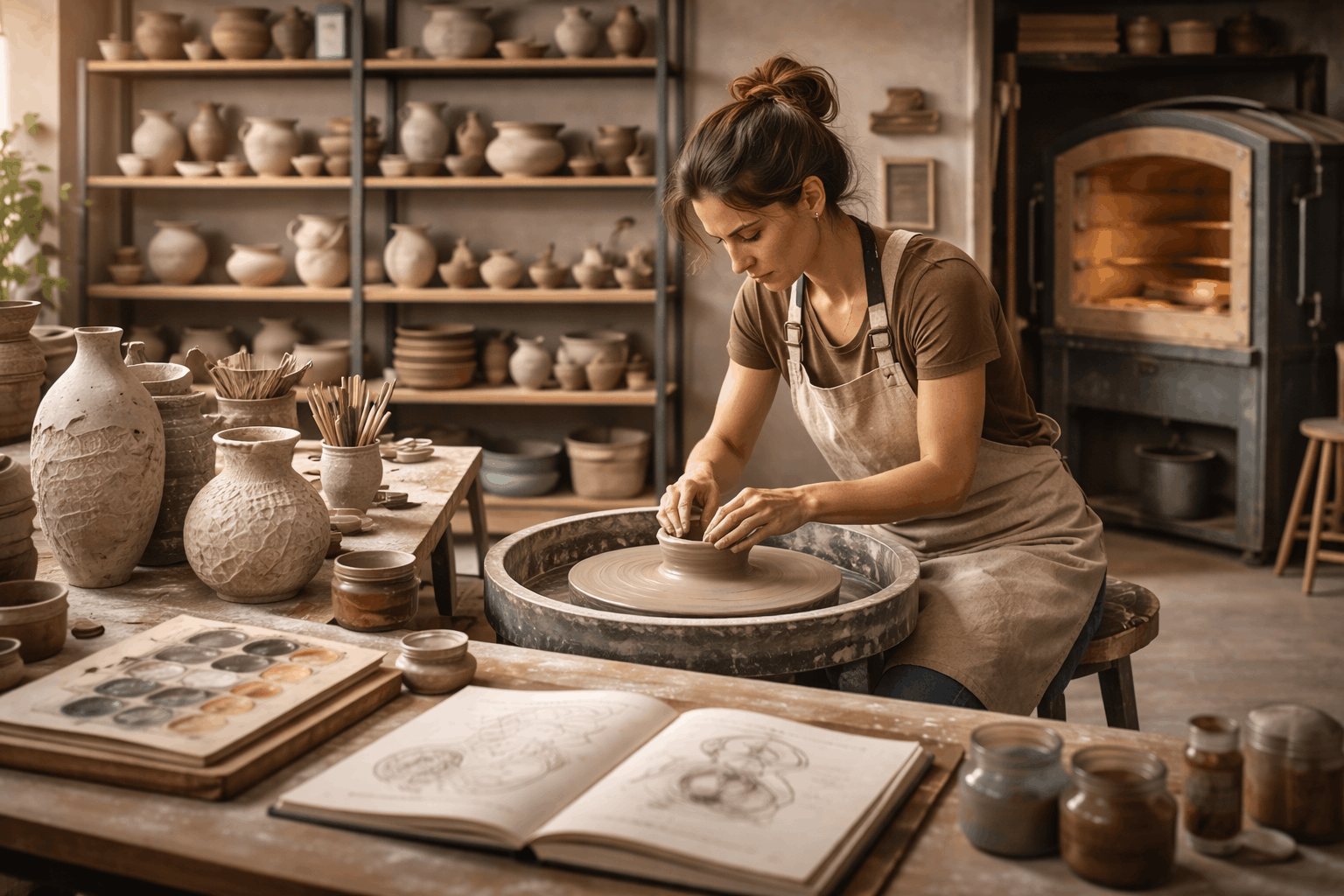Ceramic artist working on advanced wheel-thrown and sculpted pieces in a studio for Ceramics Advanced Diploma Level 3.