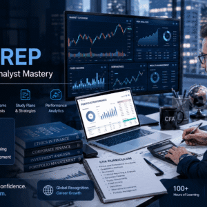 CFA Exam Prep learners studying financial analysis, investment charts, and portfolio management concepts