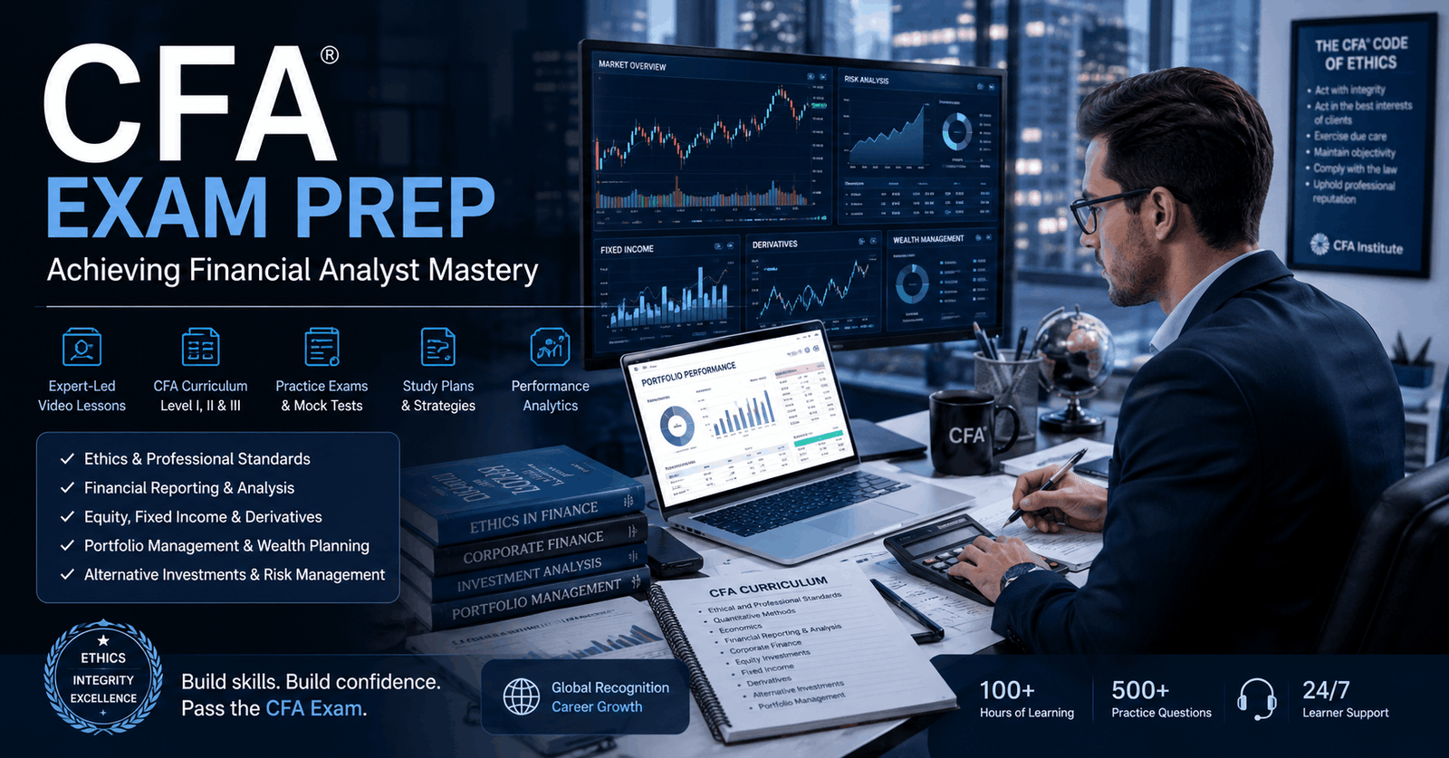 CFA Exam Prep learners studying financial analysis, investment charts, and portfolio management concepts