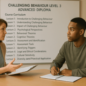 Instructor guiding a learner through challenging behaviour scenarios, classroom background, advanced behaviour strategies.