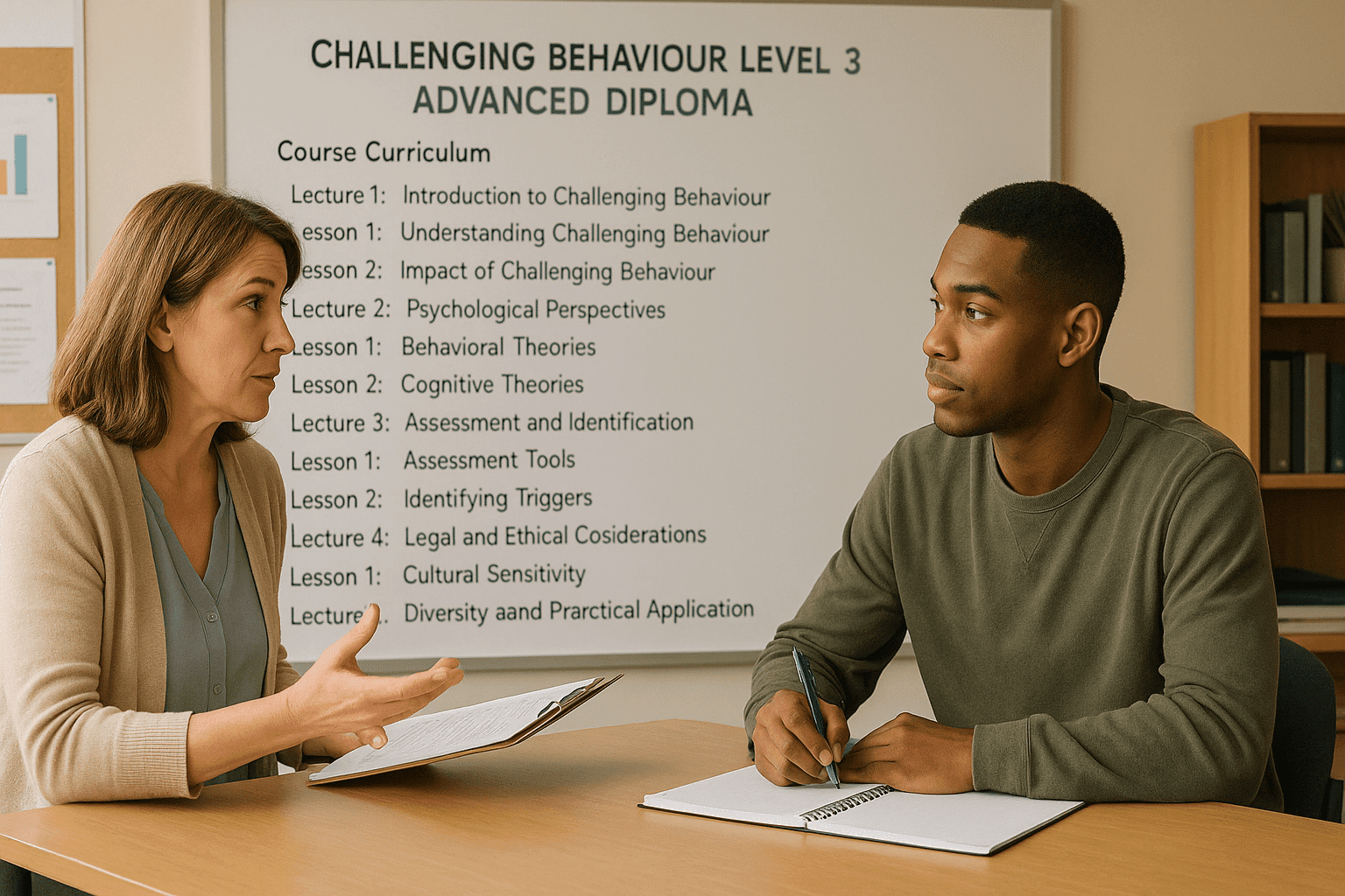 Instructor guiding a learner through challenging behaviour scenarios, classroom background, advanced behaviour strategies.