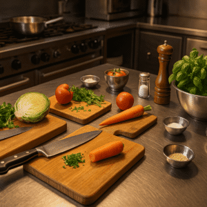 Chef training diploma workspace with cooking tools, ingredients, knives, and a professional kitchen setup.