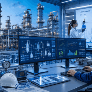 Engineers analysing industrial systems and process controls in a Chemical Engineering Course laboratory