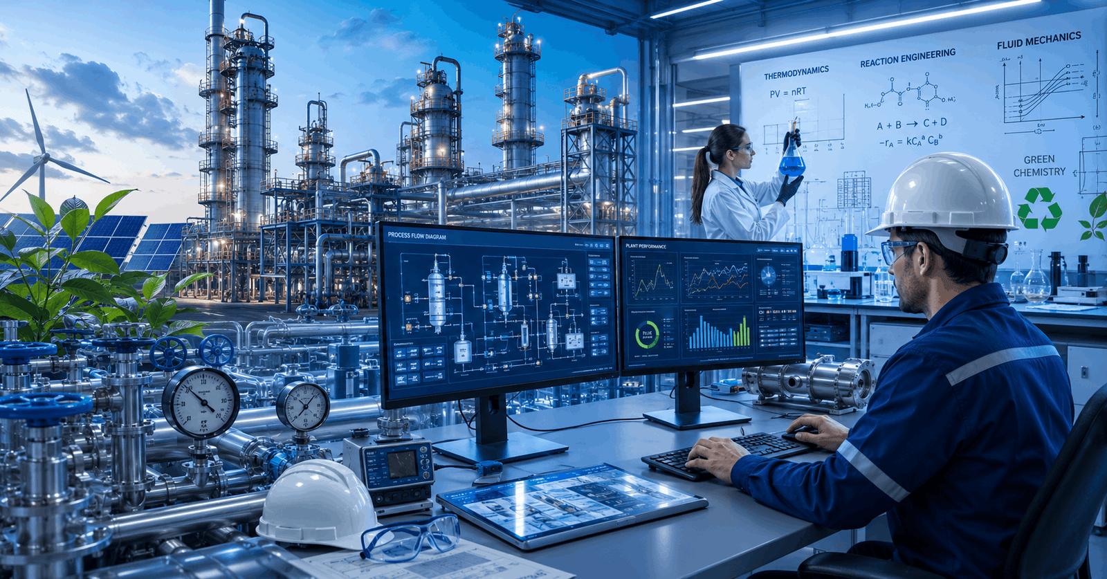Engineers analysing industrial systems and process controls in a Chemical Engineering Course laboratory