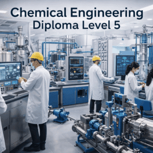 Chemical engineers operating industrial reactors and control panels in a modern lab for the Chemical Engineering Diploma Level 5