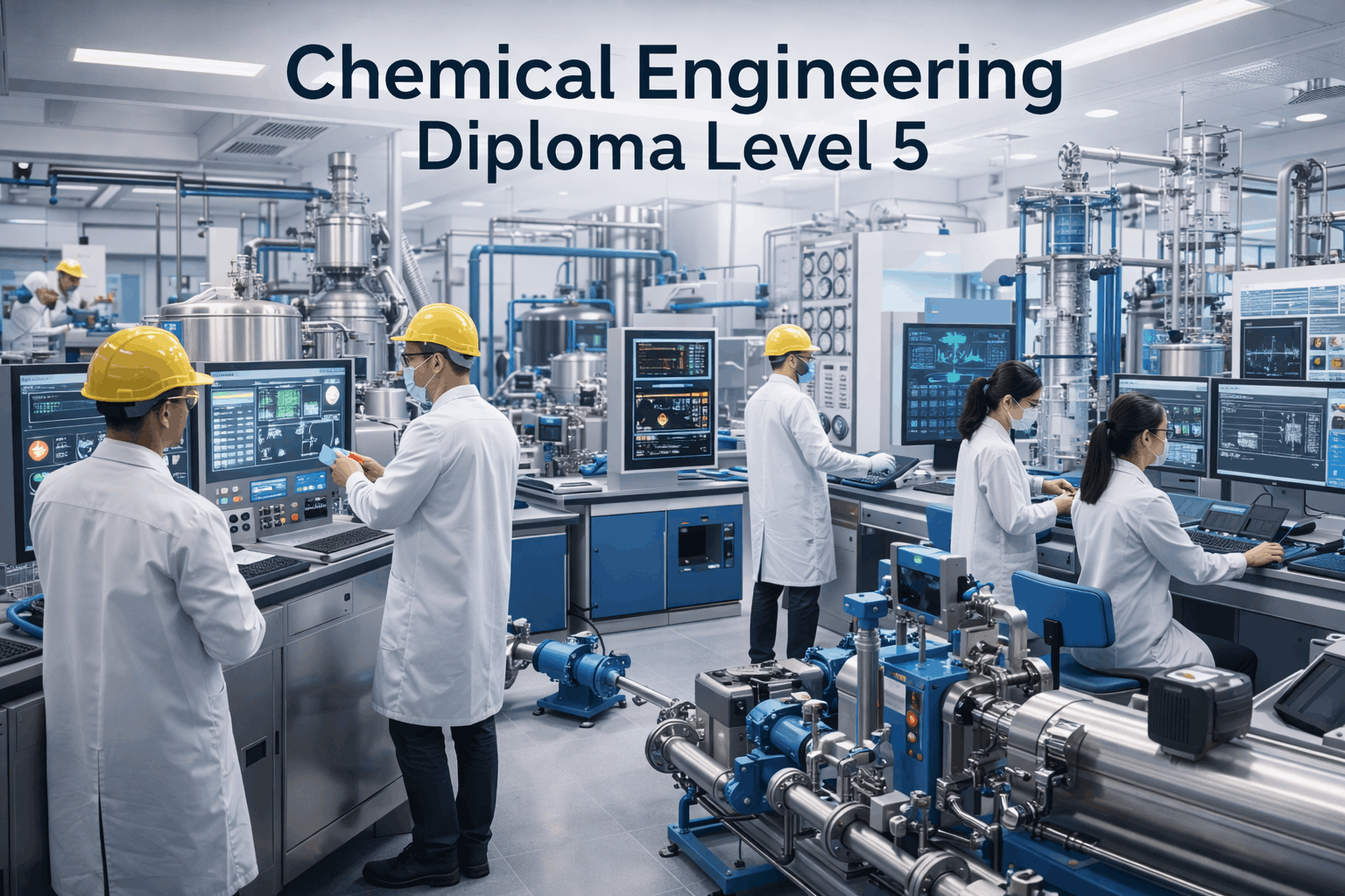 Chemical engineers operating industrial reactors and control panels in a modern lab for the Chemical Engineering Diploma Level 5